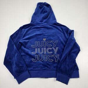 Juicy Couture Hoodie Womens Blue Velour Zip Up Rhinestone Juicy Back Jacket